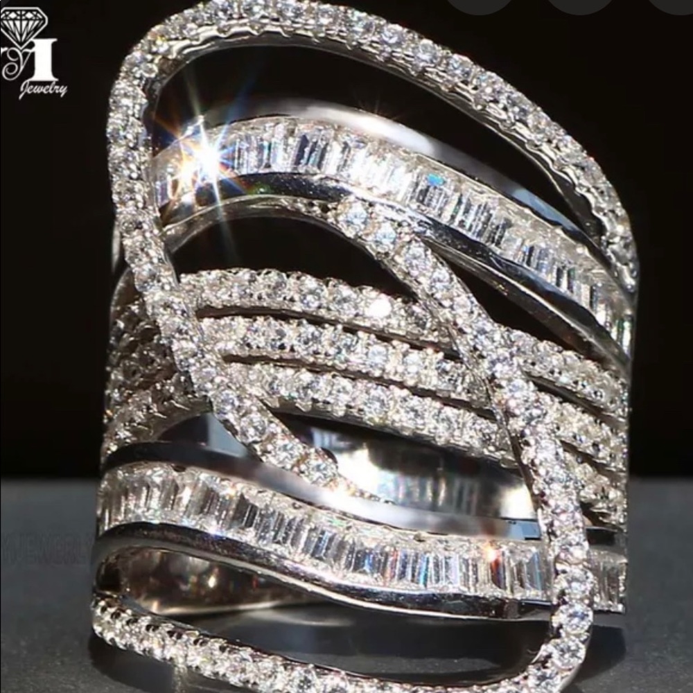 Sterling Silver Crystal Wave Cocktail Ring - Silver